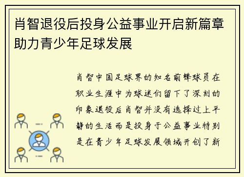 肖智退役后投身公益事业开启新篇章助力青少年足球发展