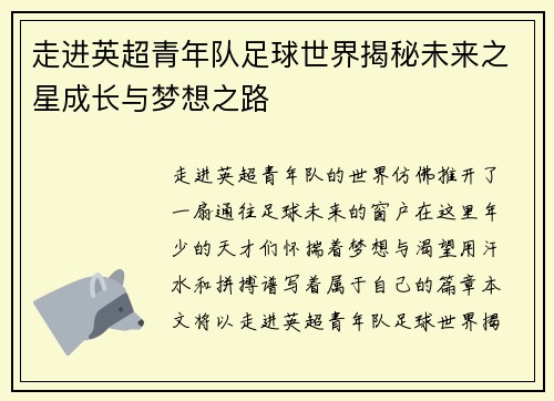 走进英超青年队足球世界揭秘未来之星成长与梦想之路